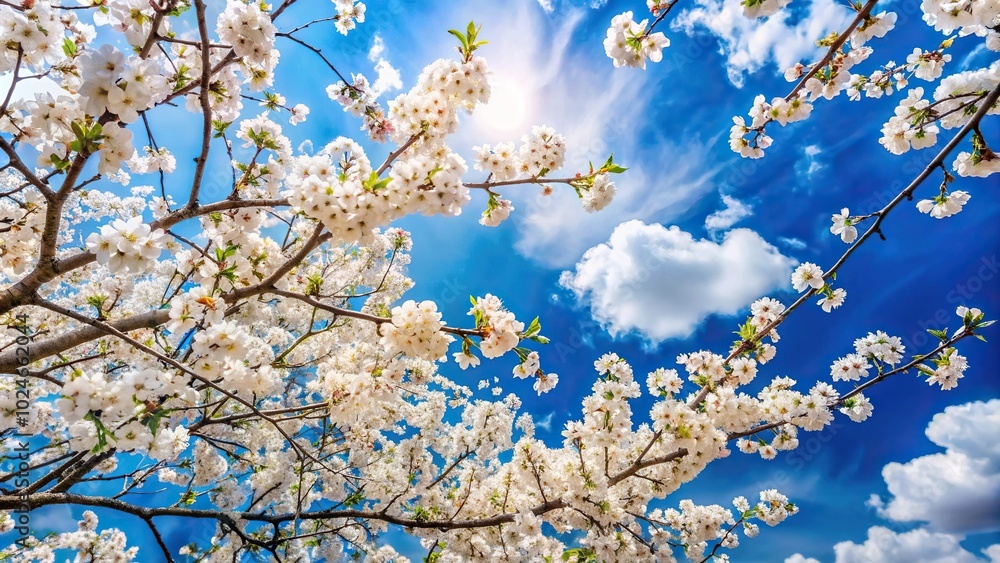 Spring flowering branches against blue sky with clouds Spring flowering branches against blue sky with clouds