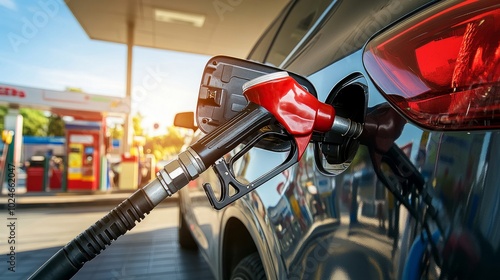 A car's open fuel cap with nozzle pumping unleaded petrol, gas station canopy and blue sky overhead.