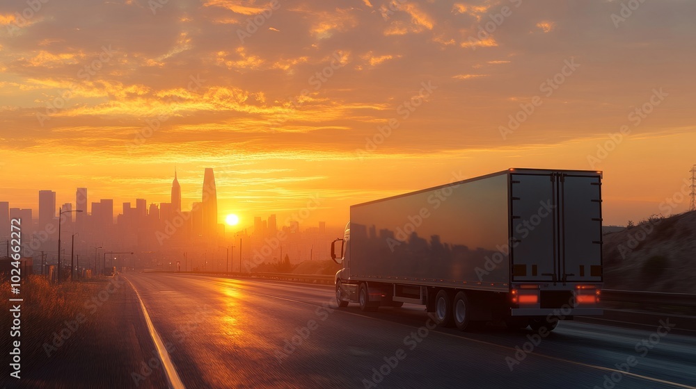A delivery truck in motion during the early morning, rear view with a city skyline and the golden sunrise in the distance. A delivery truck in motion during the early morning, rear view with a city skyline and the golden sunrise in the distance.