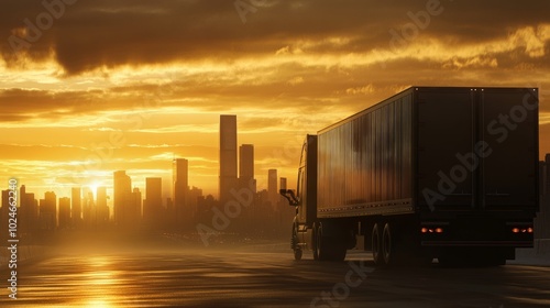 A delivery truck in motion during the early morning, rear view with a city skyline and the golden sunrise in the distance.