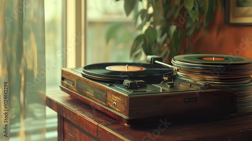 Vintage record player with vinyl records in a cozy setting