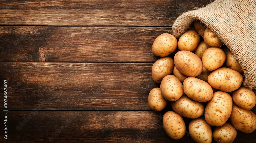 A large sack of freshly harvested potatoes spilling across a wooden surface, with rich earthy tones and soil remnants, capturing the essence of farm-fresh produce and sustainable a A large sack of freshly harvested potatoes spilling across a wooden surface, with rich earthy tones and soil remnants, capturing the essence of farm-fresh produce and sustainable a