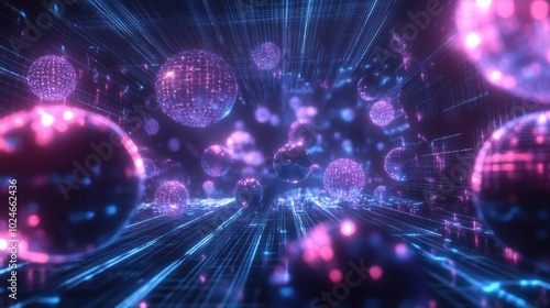 Abstract 3D Render of Glowing Spheres in a Network of Light Streaks