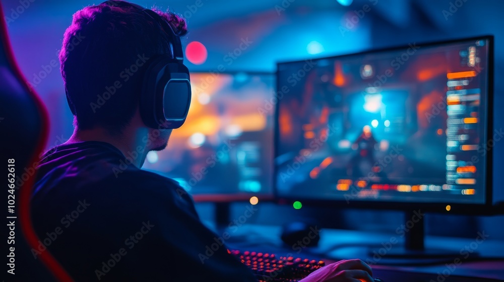 A gamer live-streaming on multiple platforms, webcam and monitor in focus, viewer comments scrolling on the side. A gamer live-streaming on multiple platforms, webcam and monitor in focus, viewer comments scrolling on the side.