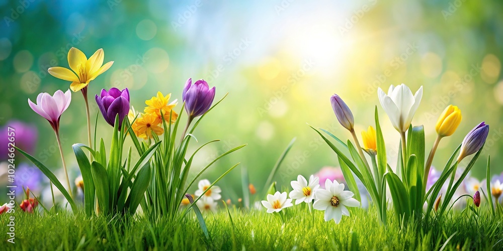 Spring nature background with minimalistic macro focus on flowers, grass, and plants Spring nature background with minimalistic macro focus on flowers, grass, and plants