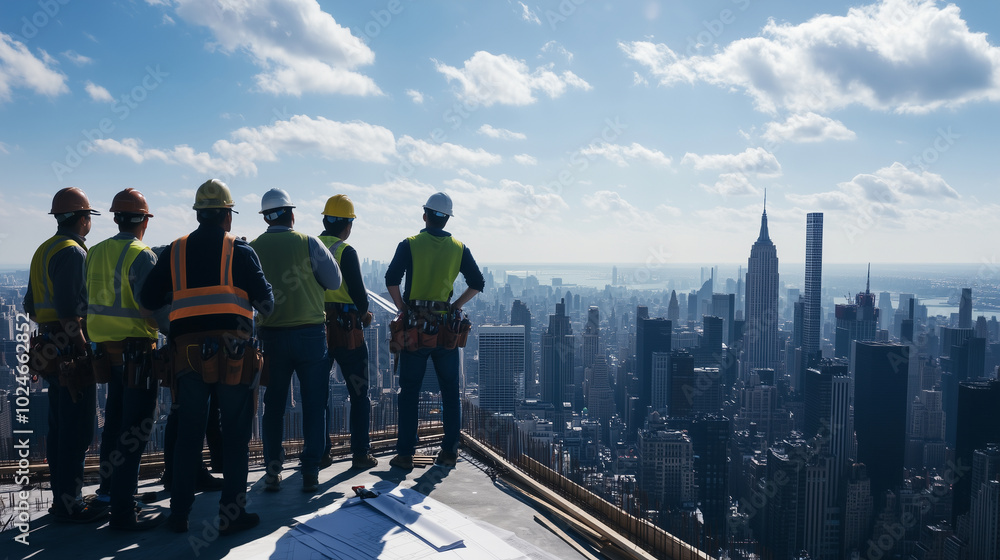 Obraz premium A team of happy construction workers and architects gathered at the edge of a building site, overlooking a city filled with skyscrapers, with blueprints and tools in hand, sharing