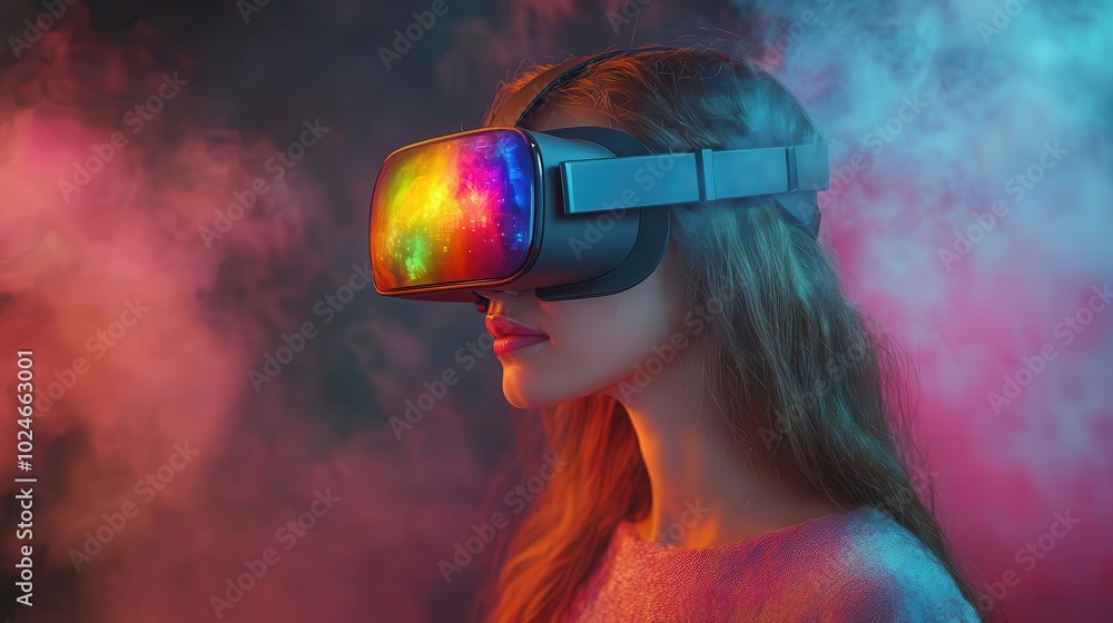 young woman in vr goggles fully immersed in a colorful virtual environment interacting with digital objects through gesture control embodying the future of technology young woman in vr goggles fully immersed in a colorful virtual environment interacting with digital objects through gesture control embodying the future of technology