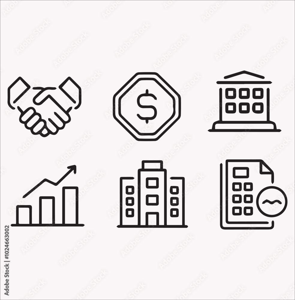 Set of Editable Business Icons. Vector illustration of business-related symbols in a contemporary thin line style, including teamwork, documents, devices, 