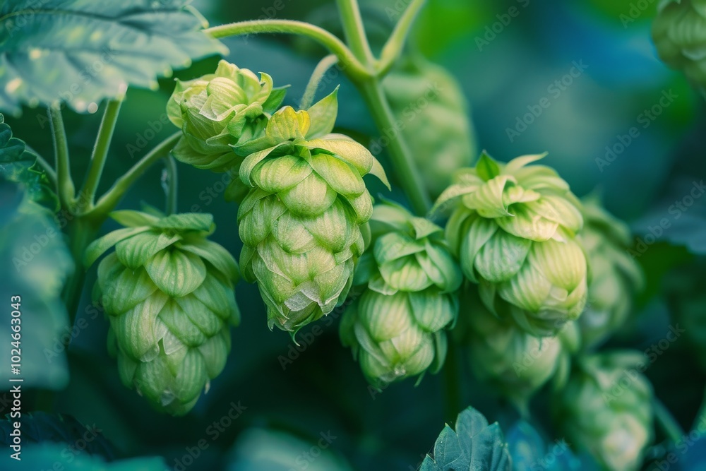 Green hop cones growing in late spring in a lush garden in a peaceful outdoor setting. Close-up Green hop cones growing in late spring in a lush garden in a peaceful outdoor setting. Close-up