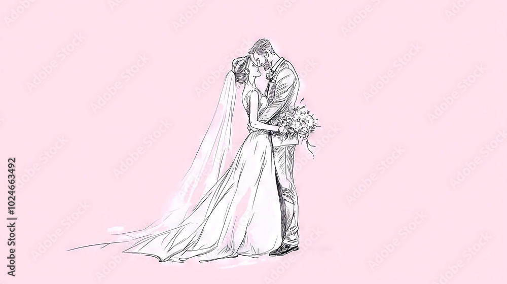Bride and groom standing together with arms around each other against a pink background Bride and groom standing together with arms around each other against a pink background