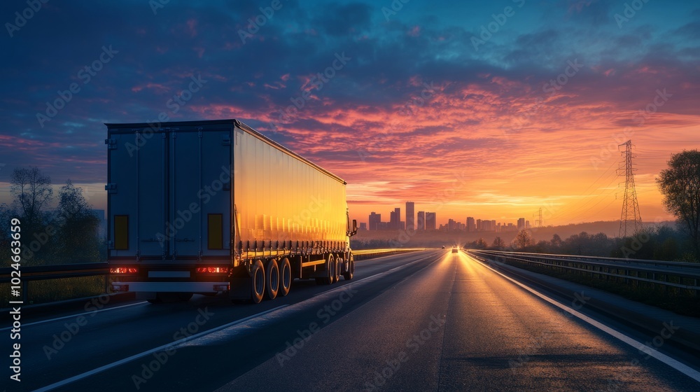 Back view of a delivery truck cruising down the highway at sunrise, the distant city glowing under the first light of day. Back view of a delivery truck cruising down the highway at sunrise, the distant city glowing under the first light of day.