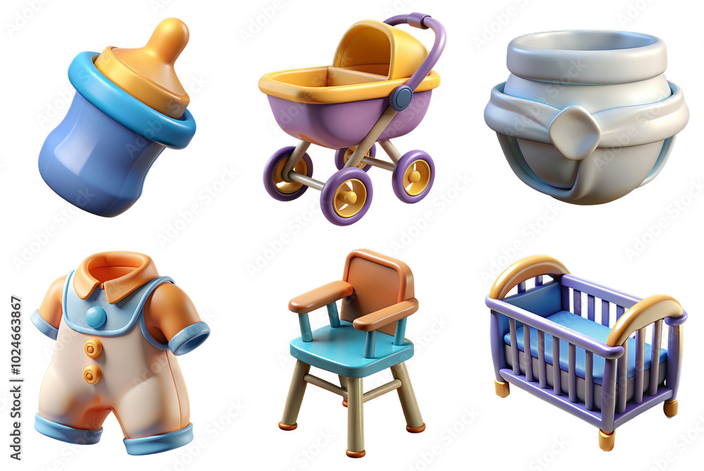 3d render set of Baby Essentials isolated on transparent background Cartoon Illustration in plastic style