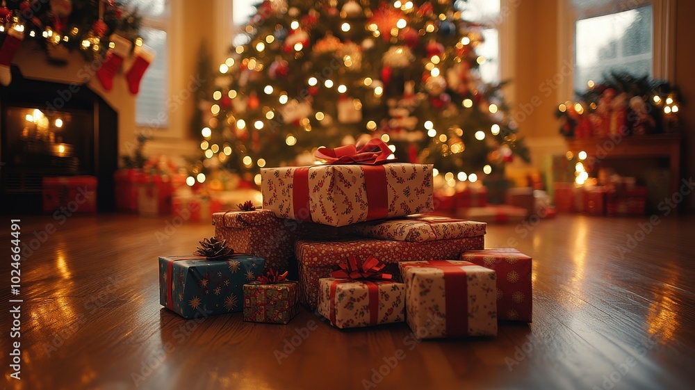Christmas gifts under the tree with warm lights. Festive holiday season, cozy winter celebration concept Christmas gifts under the tree with warm lights. Festive holiday season, cozy winter celebration concept