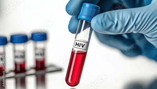 Blood sample in test tube for HIV test. Concept of healthcare, medical research, and sexually transmitted diseases. photo