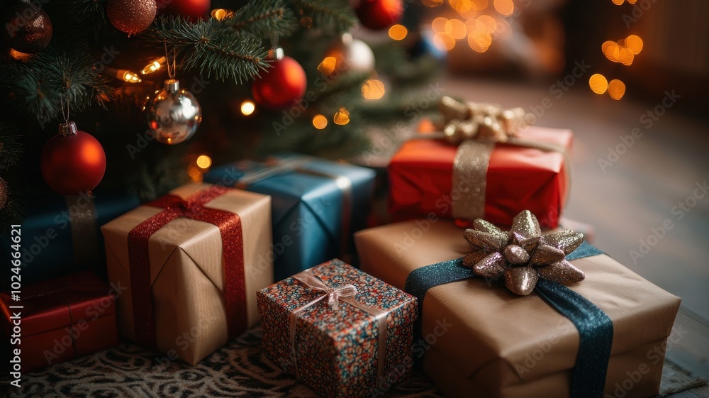 Christmas gifts under the tree, Festive holiday presents wrapped in colorful paper and ribbons Christmas gifts under the tree, Festive holiday presents wrapped in colorful paper and ribbons