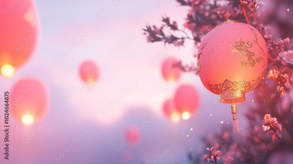 Fototapeta premium A row of red lanterns hanging from a tree. The lanterns are lit up and the scene is set against a pink sky