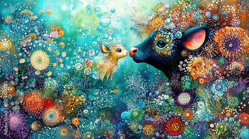   A painting depicts a pig and its offspring amidst a flower-filled landscape, surrounded by water bubbles