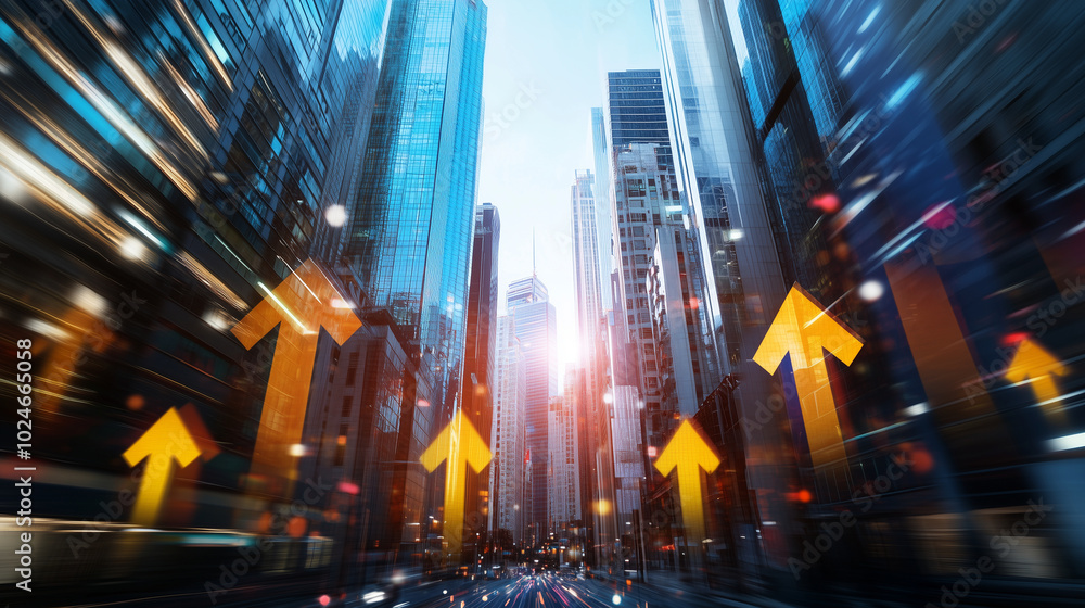 A cityscape filled with modern high-rise buildings, with arrows pointing upwards symbolizing real estate market growth and financial wealth through property investments, in a vibra A cityscape filled with modern high-rise buildings, with arrows pointing upwards symbolizing real estate market growth and financial wealth through property investments, in a vibra