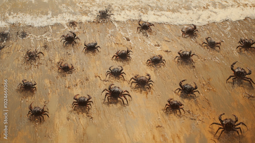 Fototapeta premium Crabs Scattering on Wet Sandy Beach at Ocean Shore