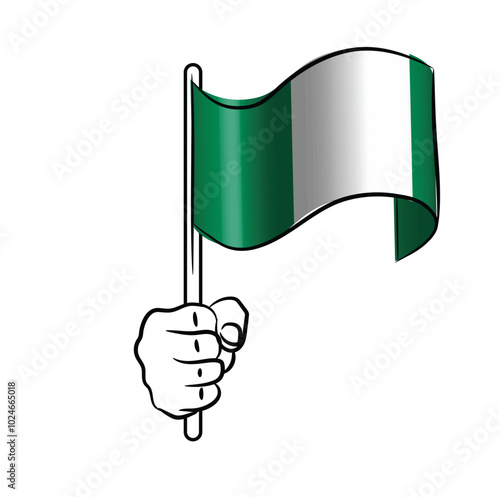 Scalable and editable eps vector Outline line stroke contour art of hand holding national waving flag of Nigeria