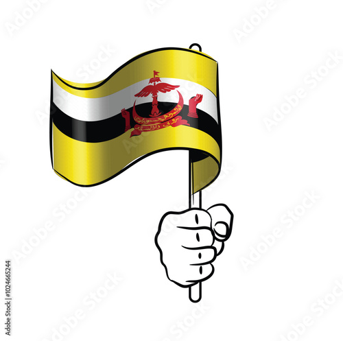Scalable and editable eps vector Outline line stroke contour art of hand holding national waving flag of Brunei