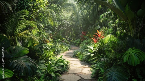 Lush tropical pathway through vibrant jungle foliage