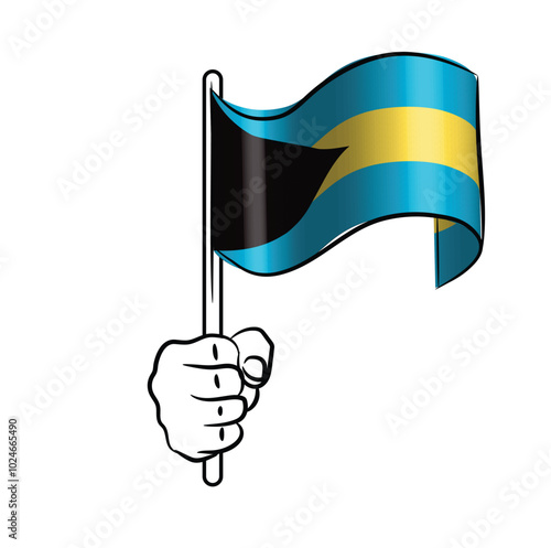 Scalable and editable eps vector Outline line stroke contour art of hand holding national waving flag of Bahamas