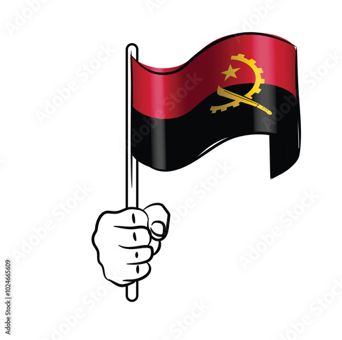 Scalable and editable eps vector Outline line stroke contour art of hand holding national waving flag of Angola