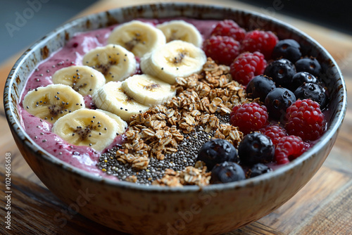 Colorful smoothie bowl with bananas, berries, and granola