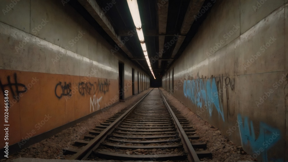 Graffiti-Lined Underground Tunnel with Train Tracks: A dimly lit underground tunnel featuring metal train tracks and walls covered in graffiti, with overhead lights casting a faint glow, creating an u Graffiti-Lined Underground Tunnel with Train Tracks: A dimly lit underground tunnel featuring metal train tracks and walls covered in graffiti, with overhead lights casting a faint glow, creating an u