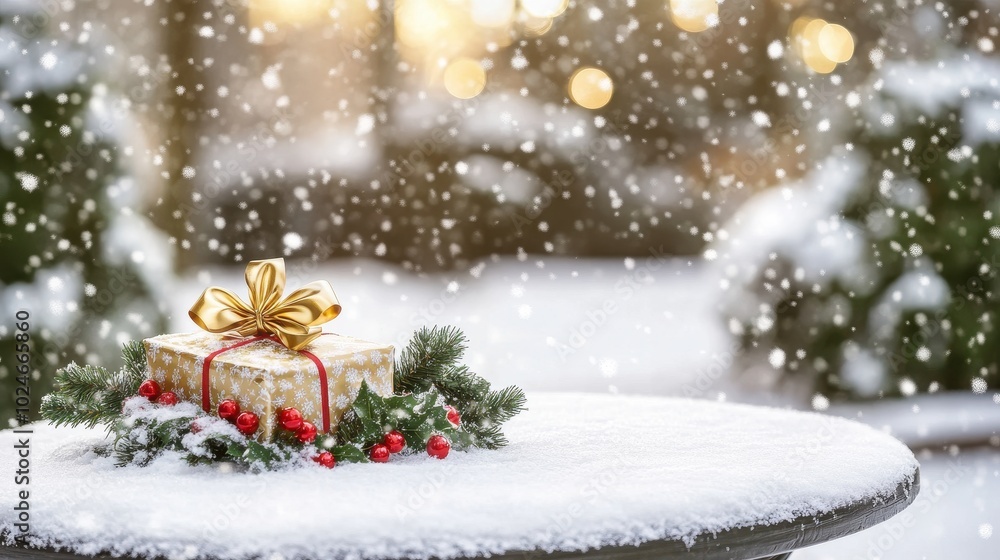 Gift with Golden Bow on a Snowy Surface Gift with Golden Bow on a Snowy Surface