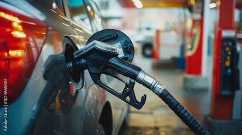 Gas station refueling scene, closeup of the nozzle pumping unleaded petrol into a car, station canopy overhead.