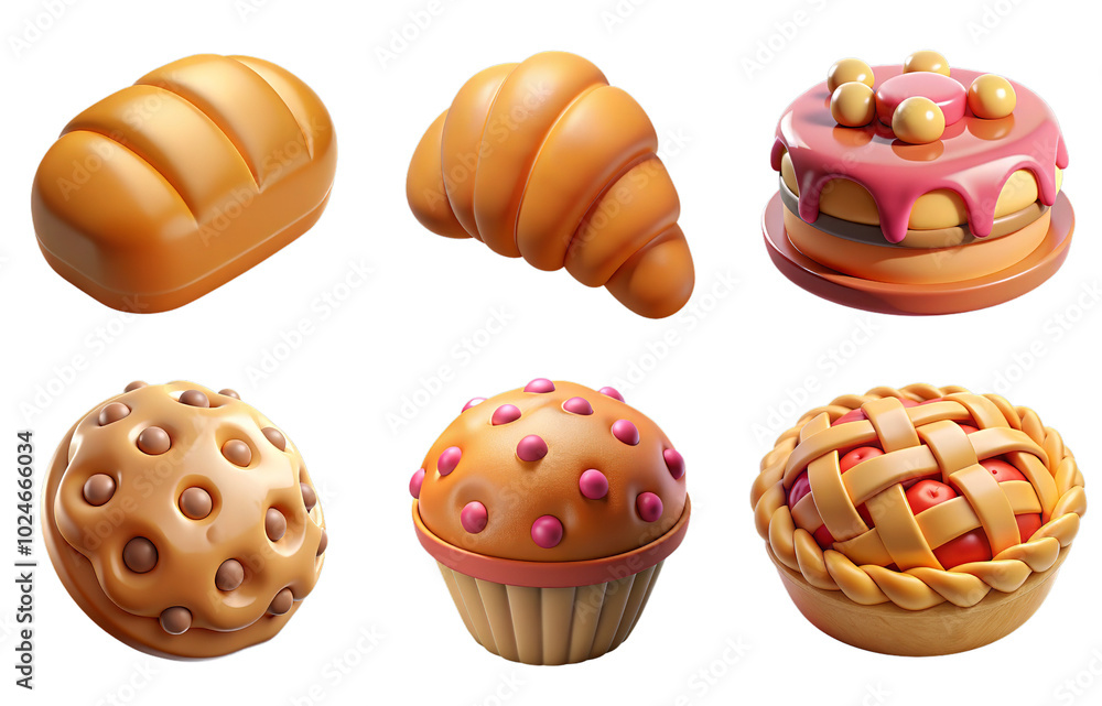 3d render set of Bakery Set isolated on transparent background Cartoon Illustration in plastic style 3d render set of Bakery Set isolated on transparent background Cartoon Illustration in plastic style