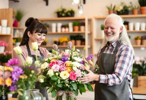 A smiling florist arranging a beautiful bouquet for a beaming cu