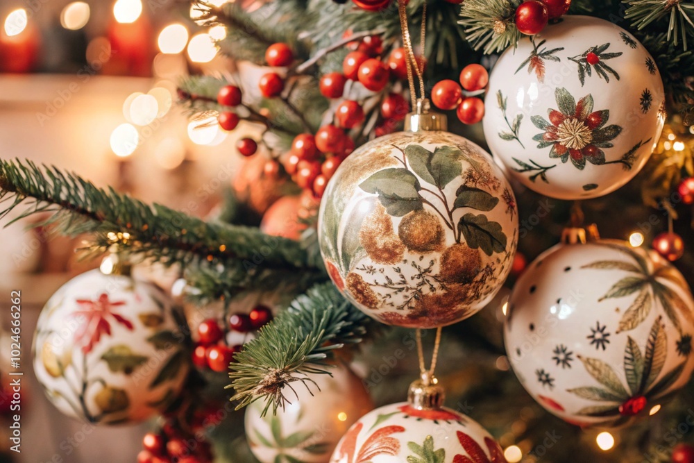 Cozy atmosphere in the room, interior design, a Christmas tree decorated with garlands and glass balls. A festive living room. Happy New Year and Christmas. Cozy atmosphere in the room, interior design, a Christmas tree decorated with garlands and glass balls. A festive living room. Happy New Year and Christmas.