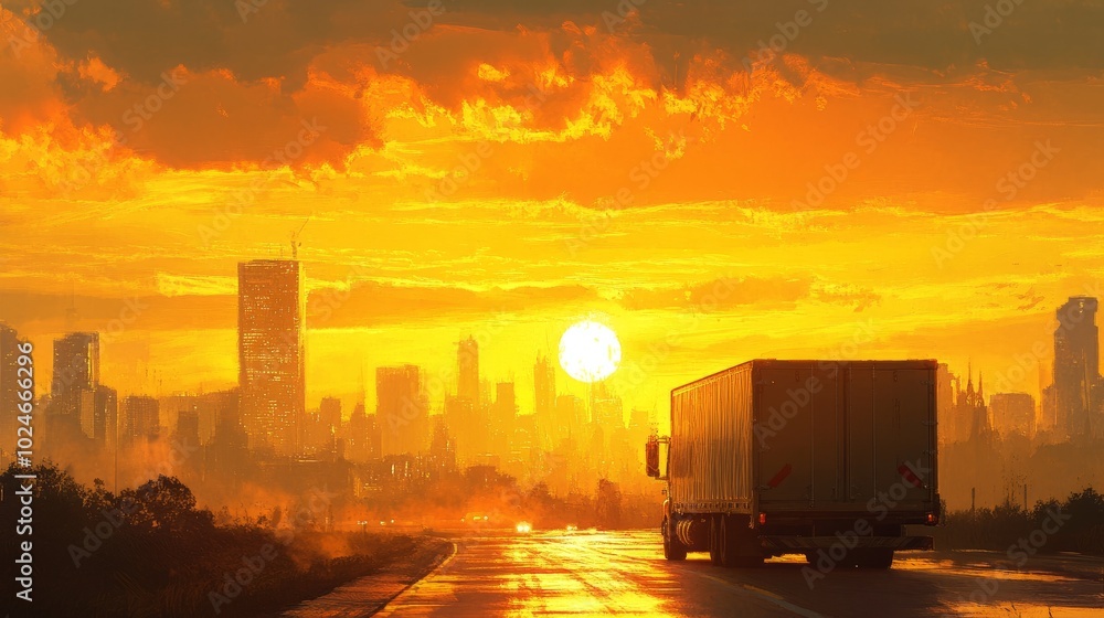 Morning road scene with the back of a delivery truck driving towards a sunlit city, the golden hues of sunrise enveloping the sky. Morning road scene with the back of a delivery truck driving towards a sunlit city, the golden hues of sunrise enveloping the sky.