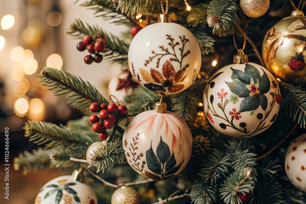 Cozy atmosphere in the room, interior design, a Christmas tree decorated with garlands and glass balls. A festive living room. Happy New Year and Christmas. Cozy atmosphere in the room, interior design, a Christmas tree decorated with garlands and glass balls. A festive living room. Happy New Year and Christmas.