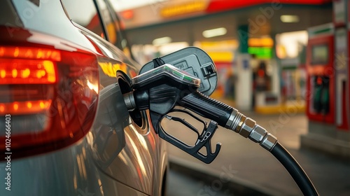 Nozzle inserted into a car's fuel tank, refueling at a modern gas station, station logo and prices in the background.