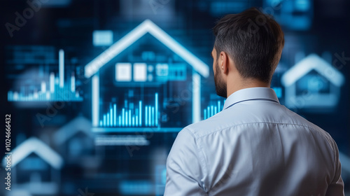 A real estate investor standing in front of a futuristic financial display showing property values increasing, surrounded by images of houses and city buildings representing the we