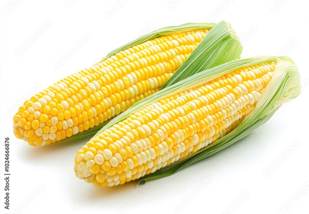 Photograph of fresh corn on the cob isolated on a white background, studio Photograph of fresh corn on the cob isolated on a white background, studio
