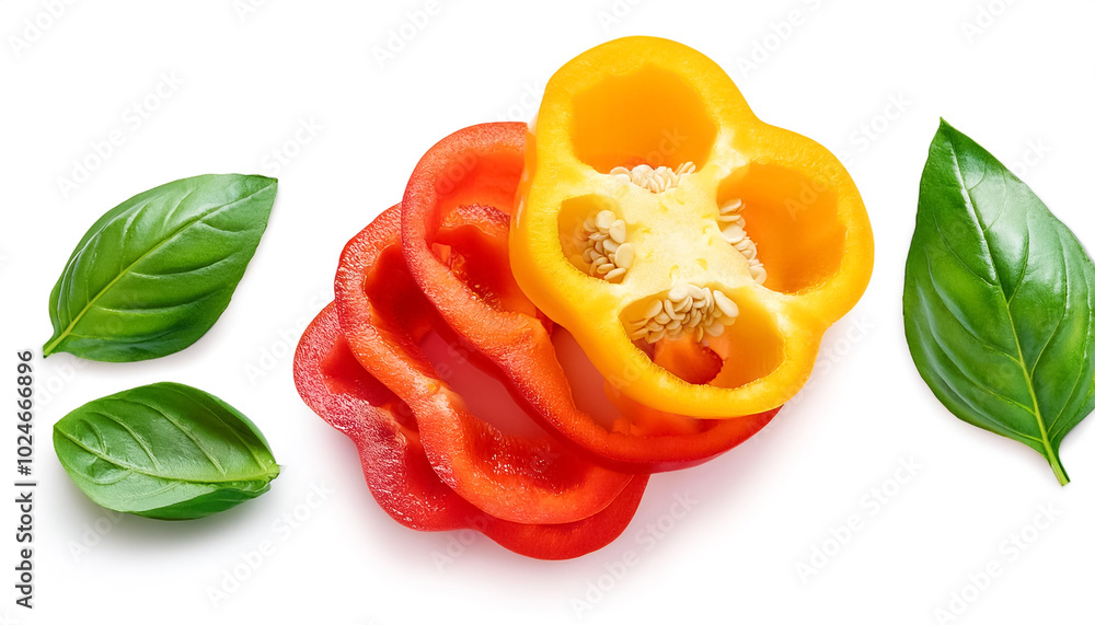 Sweet pepper with slices and green leaves, either whole or halved, isolated on a white background Sweet pepper with slices and green leaves, either whole or halved, isolated on a white background