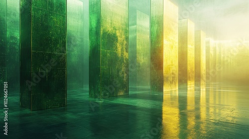 Futuristic Green and Gold Abstract Cityscape in Digital Matrix, Ai Generation