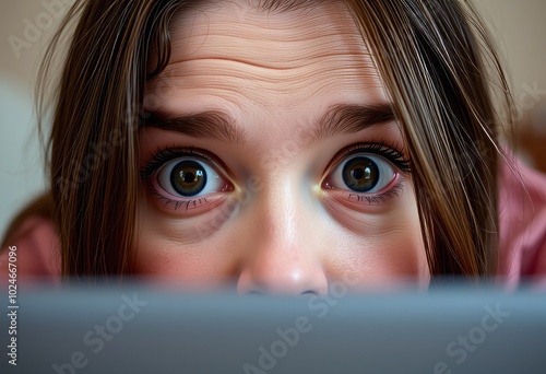 Close up of a mother's eyes widening in surprise as she stumbles photo