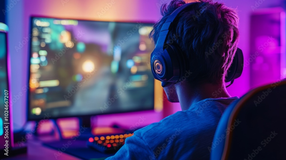 Streamer playing an online multiplayer game, headset on, colorful gaming setup and chat window filled with live comments. Streamer playing an online multiplayer game, headset on, colorful gaming setup and chat window filled with live comments.
