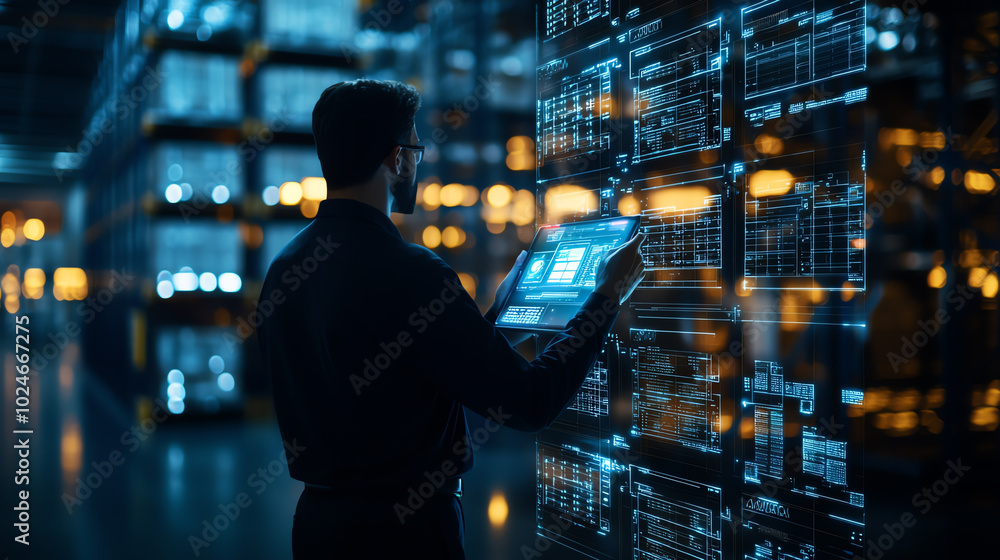Silhouette of a logistics manager in a massive warehouse, checking cargo and inventory levels with real-time data on holographic screens Silhouette of a logistics manager in a massive warehouse, checking cargo and inventory levels with real-time data on holographic screens