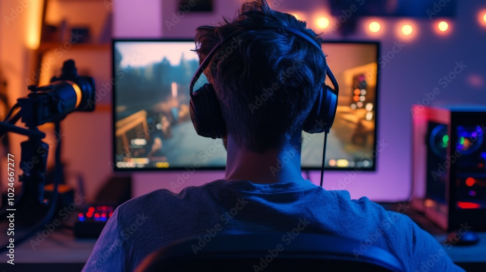 Streamer talking to viewers during a gaming session, professional microphone and camera setup, game graphics visible on the monitor Streamer talking to viewers during a gaming session, professional microphone and camera setup, game graphics visible on the monitor