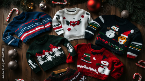 A flat lay of quirky holiday motifs from ugly Christmas sweaters, including colorful patterns of snowmen, candy canes, and festive trees, all laid out on a rustic wooden table, exu photo