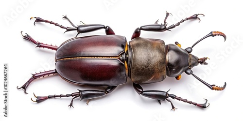 Stag beetle isolated on white background bird eye view