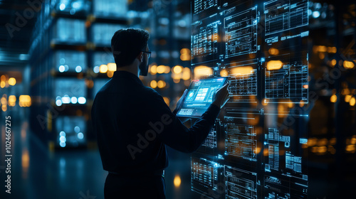 Silhouette of a logistics manager in a massive warehouse, checking cargo and inventory levels with real-time data on holographic screens