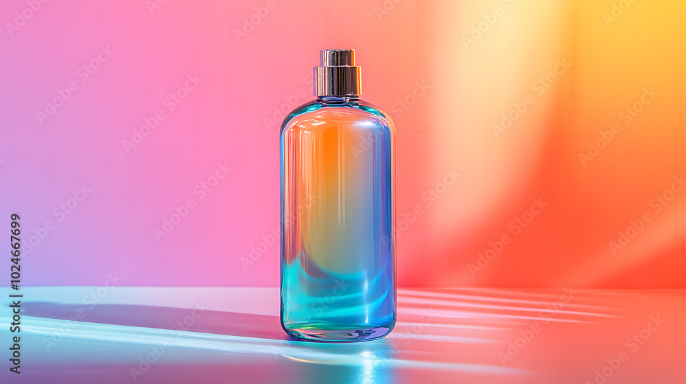 A clear glass bottle of perfume with a silver lid on a colorful background. A clear glass bottle of perfume with a silver lid on a colorful background.